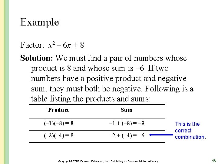 Example Factor. x 2 – 6 x + 8 Solution: We must find a