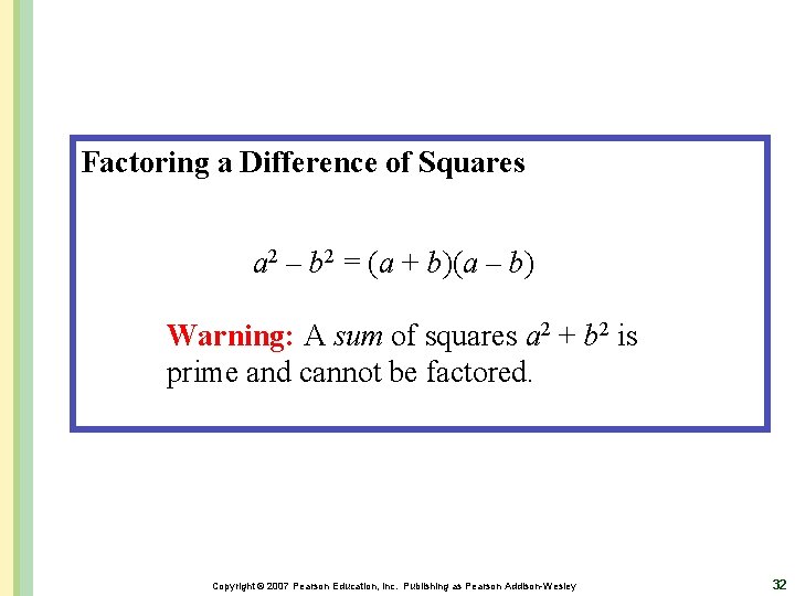 Factoring a Difference of Squares a 2 – b 2 = (a + b)(a