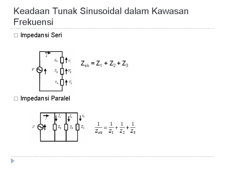 Keadaan Tunak Sinusoidal dalam Kawasan Frekuensi � Impedansi Seri Zek = Z 1 +