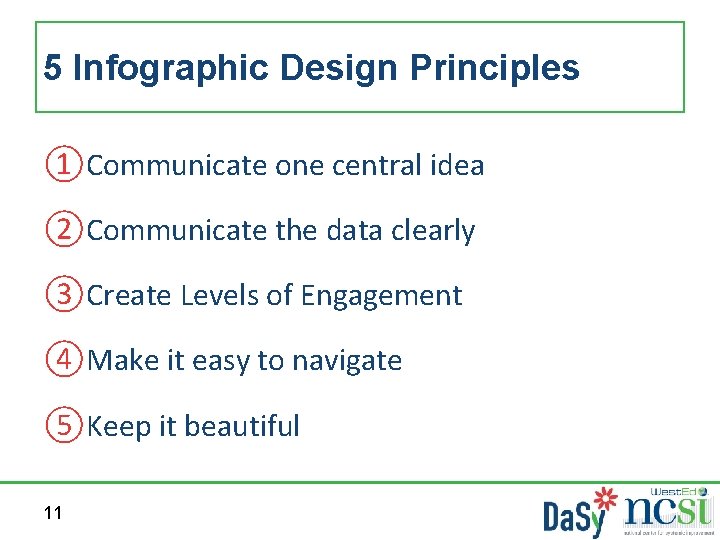 5 Infographic Design Principles ①Communicate one central idea ②Communicate the data clearly ③Create Levels