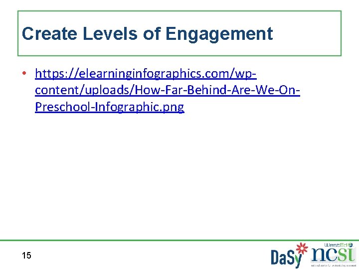 Create Levels of Engagement • https: //elearninginfographics. com/wpcontent/uploads/How-Far-Behind-Are-We-On. Preschool-Infographic. png 15 
