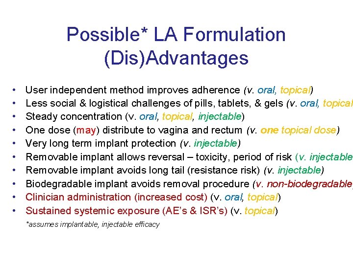 Possible* LA Formulation (Dis)Advantages • • • User independent method improves adherence (v. oral,