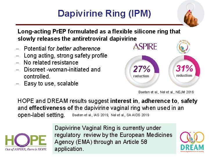 Dapivirine Ring (IPM) Long-acting Pr. EP formulated as a flexible silicone ring that slowly