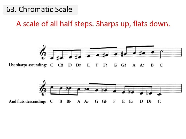 63. Chromatic Scale A scale of all half steps. Sharps up, flats down. 