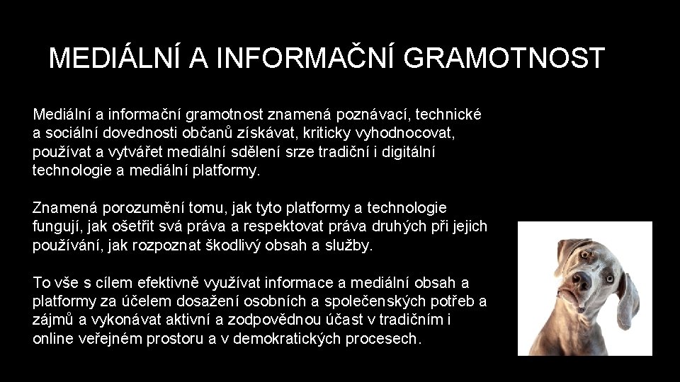 MEDIÁLNÍ A INFORMAČNÍ GRAMOTNOST Mediální a informační gramotnost znamená poznávací, technické a sociální dovednosti