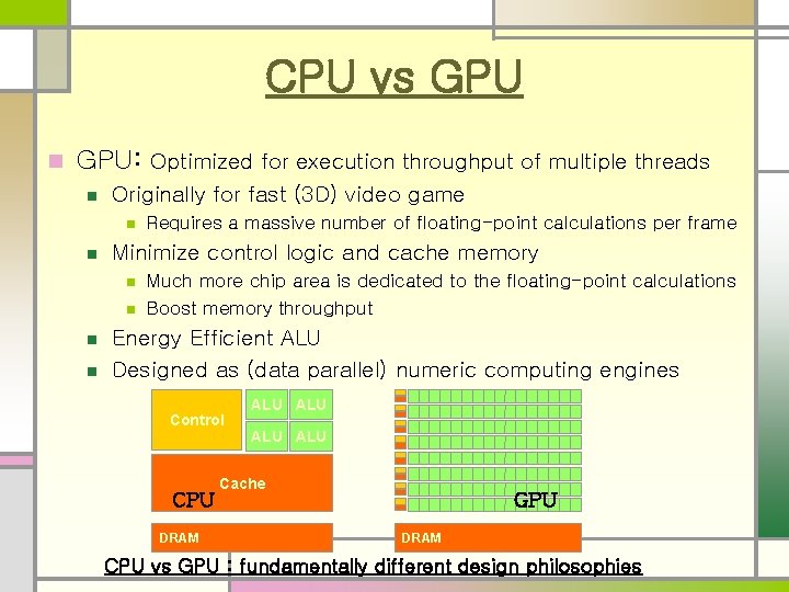 CPU vs GPU n GPU: Optimized for execution throughput of multiple threads n Originally