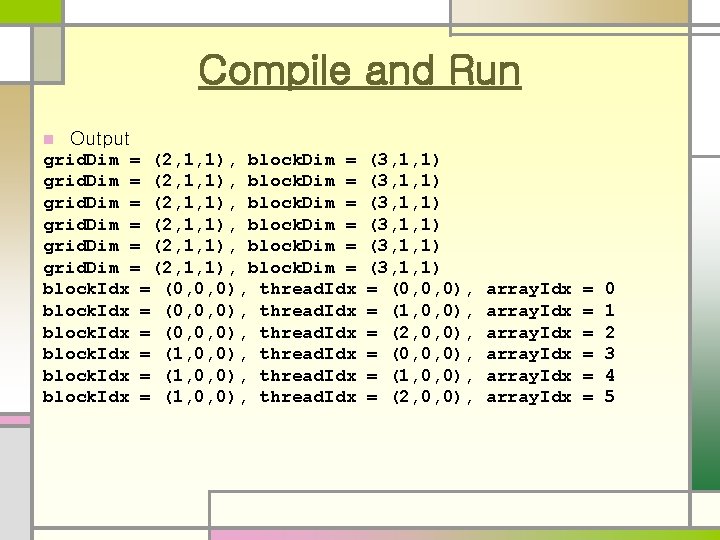 Compile and Run n Output grid. Dim = (2, 1, 1), block. Dim =