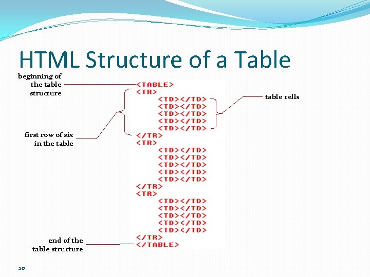 HTML Structure of a Table beginning of the table structure first row of six