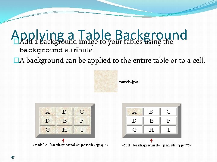 Applying a Table Background �Add a background image to your tables using the background