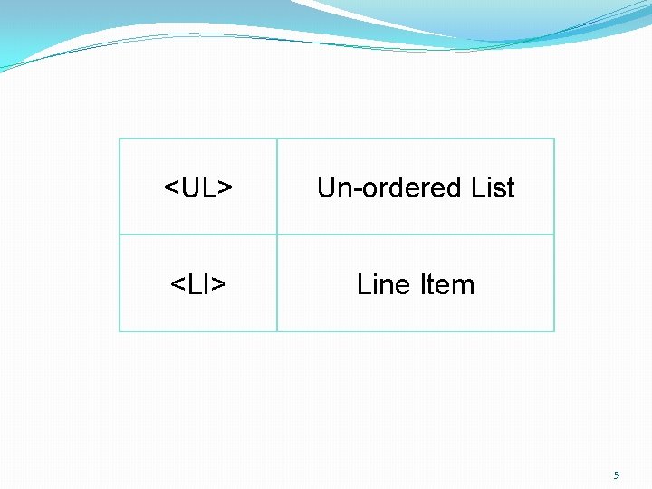 <UL> Un-ordered List <LI> Line Item 5 