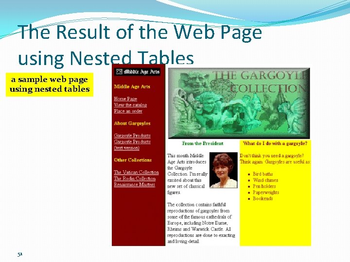 The Result of the Web Page using Nested Tables a sample web page using