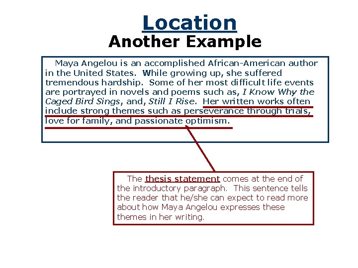 Location Another Example Maya Angelou is an accomplished African-American author in the United States.