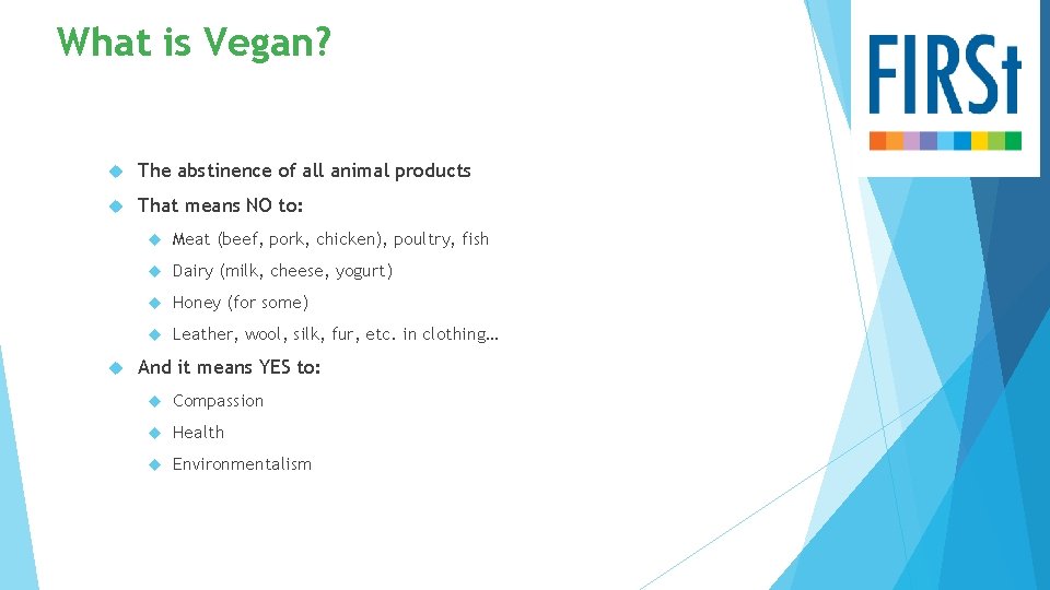 What is Vegan? The abstinence of all animal products That means NO to: Meat