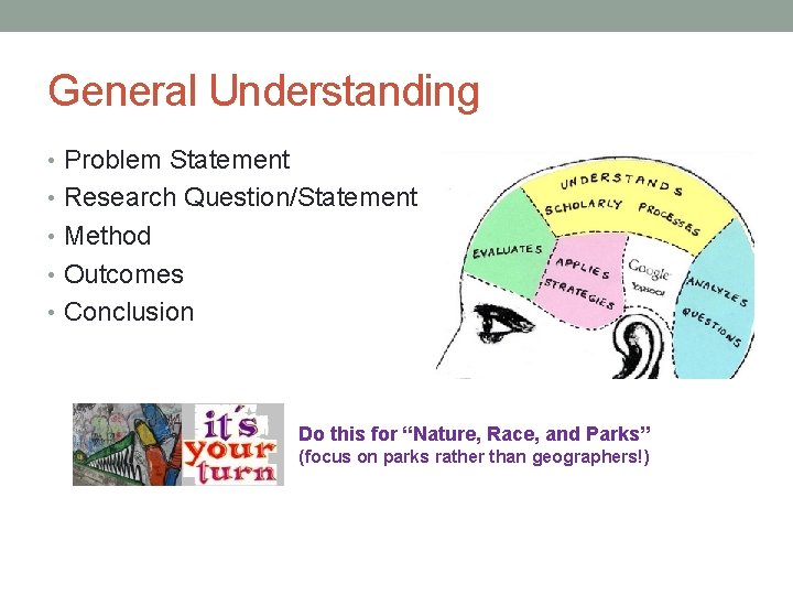 General Understanding • Problem Statement • Research Question/Statement • Method • Outcomes • Conclusion