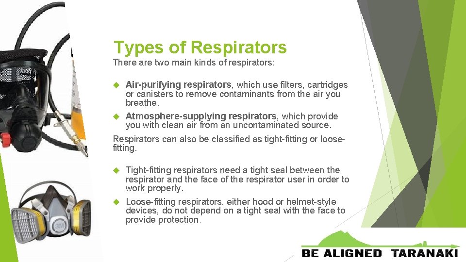 Types of Respirators There are two main kinds of respirators: Air-purifying respirators, which use