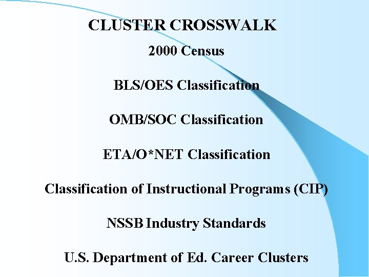 CLUSTER CROSSWALK 2000 Census BLS/OES Classification OMB/SOC Classification ETA/O*NET Classification of Instructional Programs (CIP)