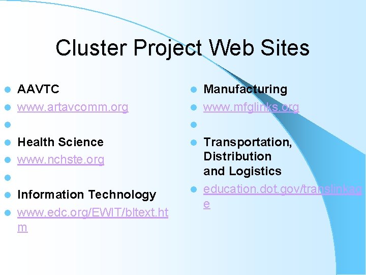 Cluster Project Web Sites l l l l AAVTC www. artavcomm. org Health Science