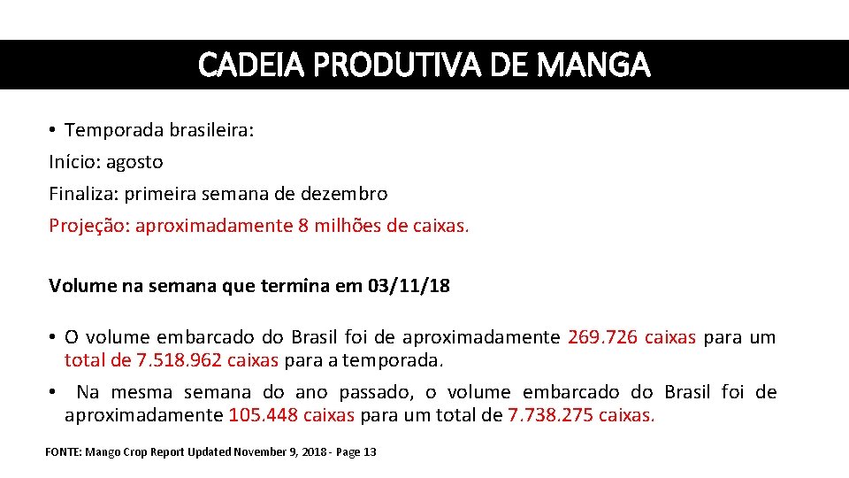 CADEIA PRODUTIVA DE MANGA • Temporada brasileira: Início: agosto Finaliza: primeira semana de dezembro