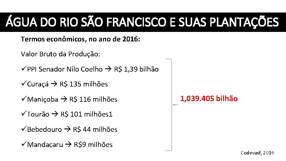 ÁGUA DO RIO SÃO FRANCISCO E SUAS PLANTAÇÕES Termos econômicos, no ano de 2016: