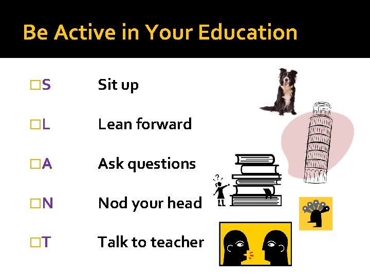 Be Active in Your Education �S Sit up �L Lean forward �A Ask questions