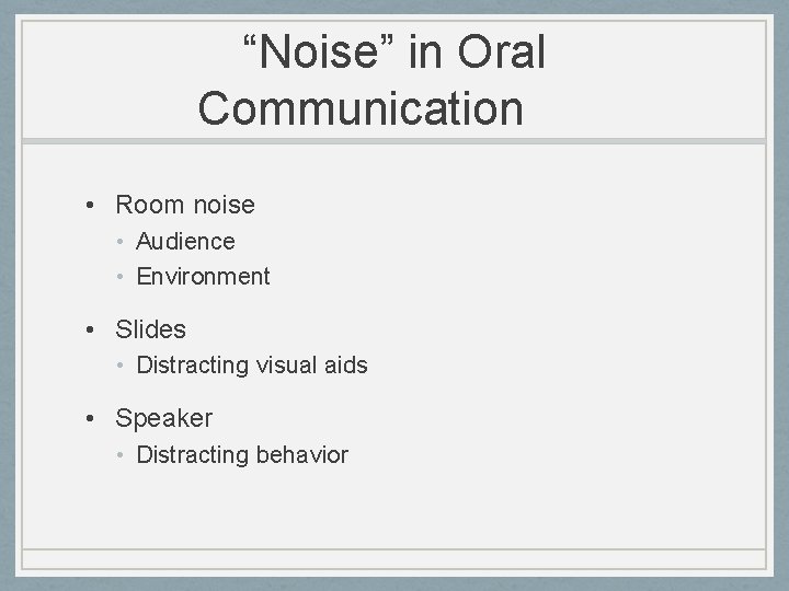 “Noise” in Oral Communication • Room noise • Audience • Environment • Slides •