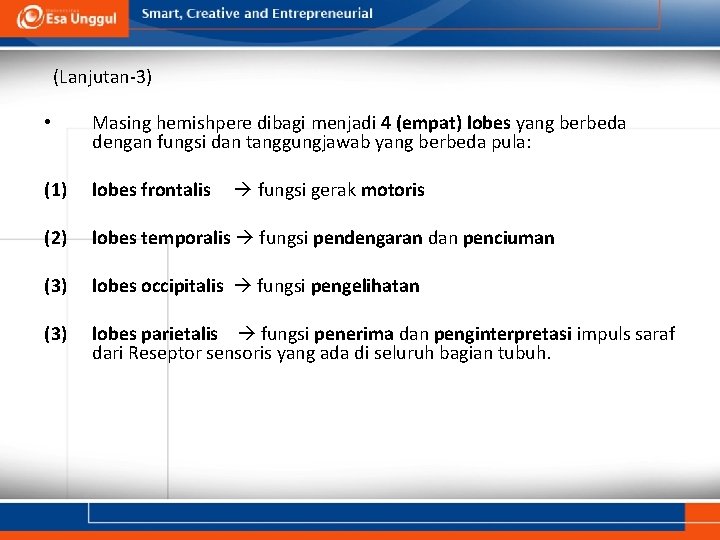 (Lanjutan-3) • Masing hemishpere dibagi menjadi 4 (empat) lobes yang berbeda dengan fungsi dan