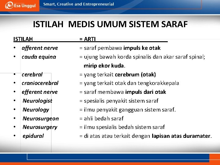 ISTILAH MEDIS UMUM SISTEM SARAF ISTILAH • afferent nerve • cauda equina • cerebral