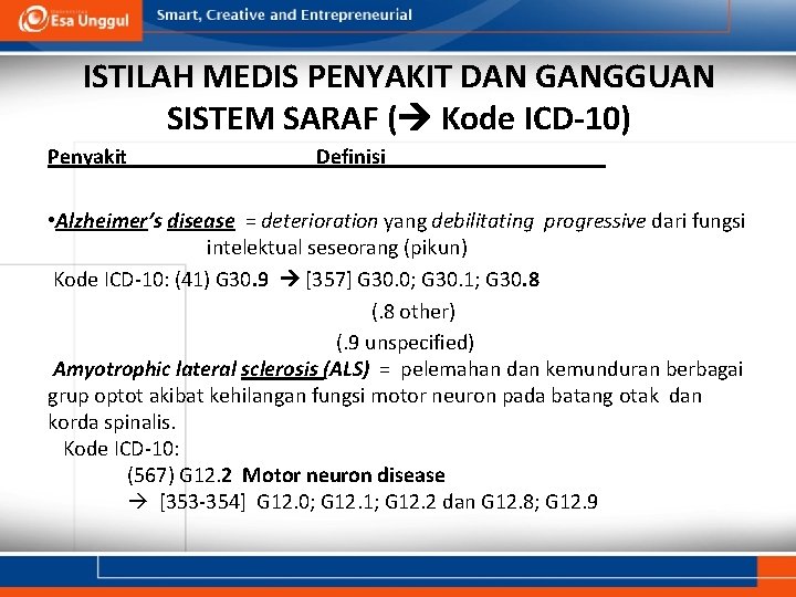 ISTILAH MEDIS PENYAKIT DAN GANGGUAN SISTEM SARAF ( Kode ICD-10) Penyakit Definisi • Alzheimer’s