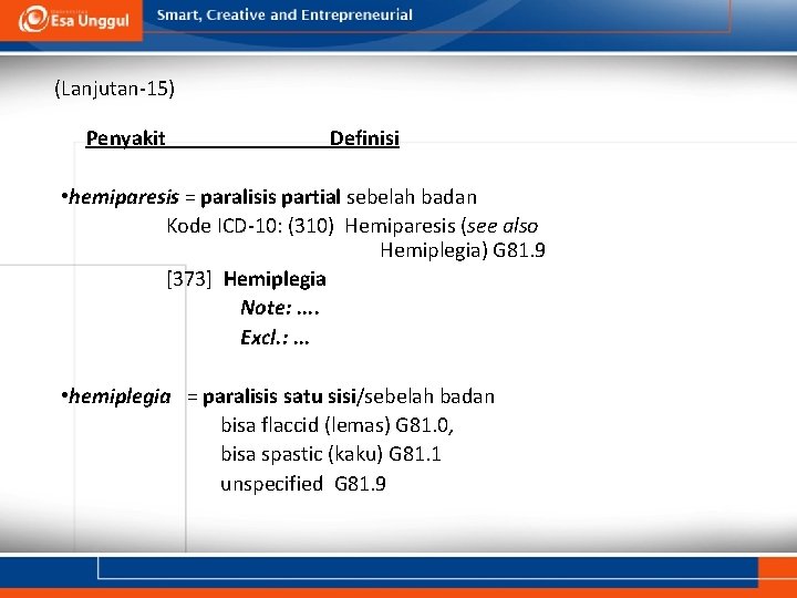 (Lanjutan-15) Penyakit Definisi • hemiparesis = paralisis partial sebelah badan Kode ICD-10: (310) Hemiparesis