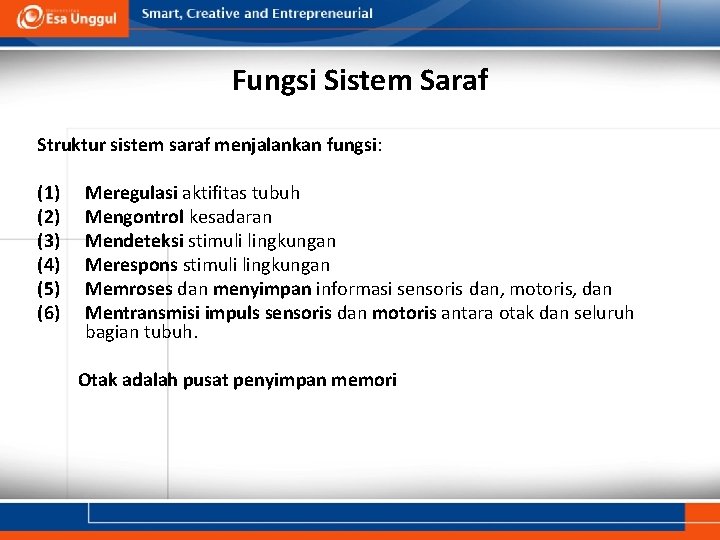 Fungsi Sistem Saraf Struktur sistem saraf menjalankan fungsi: (1) (2) (3) (4) (5) (6)