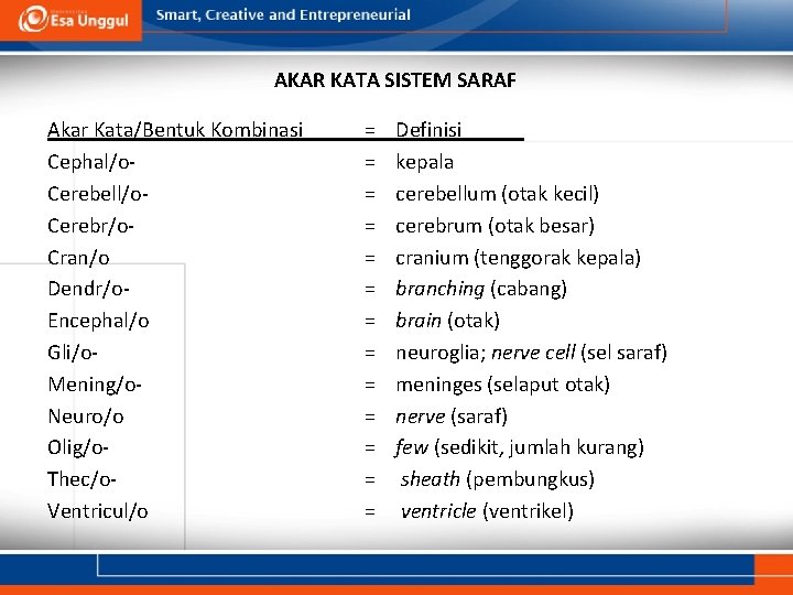 AKAR KATA SISTEM SARAF Akar Kata/Bentuk Kombinasi Cephal/o. Cerebell/o. Cerebr/o. Cran/o Dendr/o. Encephal/o Gli/o.