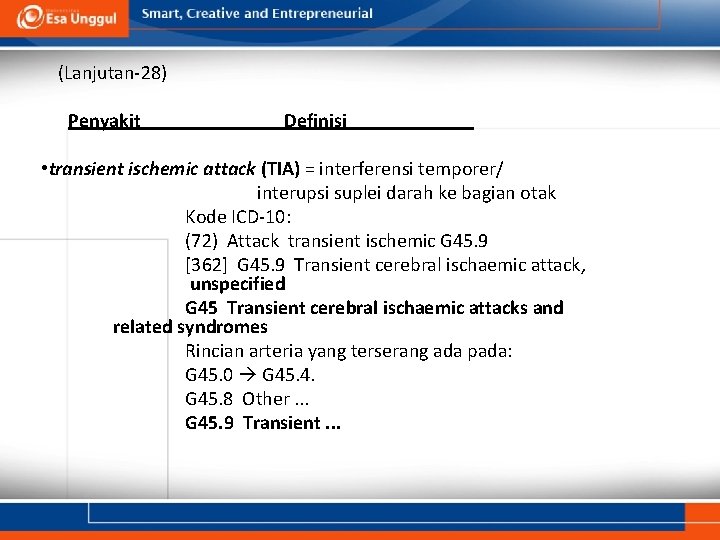 (Lanjutan-28) Penyakit Definisi • transient ischemic attack (TIA) = interferensi temporer/ interupsi suplei darah