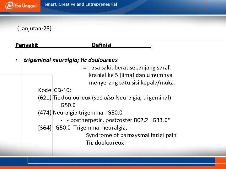 (Lanjutan-29) Penyakit Definisi • trigeminal neuralgia; tic douloureux = rasa sakit berat sepanjang saraf