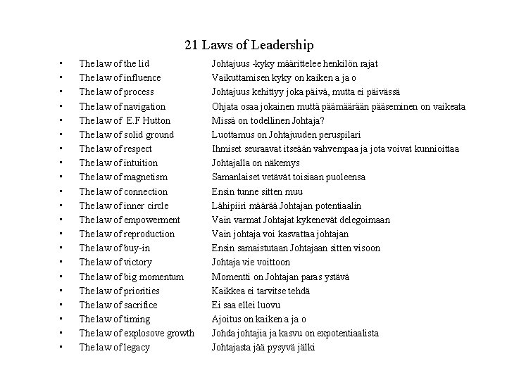 21 Laws of Leadership • • • • • • The law of the 21 Laws of Leadership • • • • • • The law of the