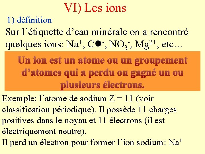 VI) Les ions 1) définition Sur l’étiquette d’eau minérale on a rencontré quelques ions:
