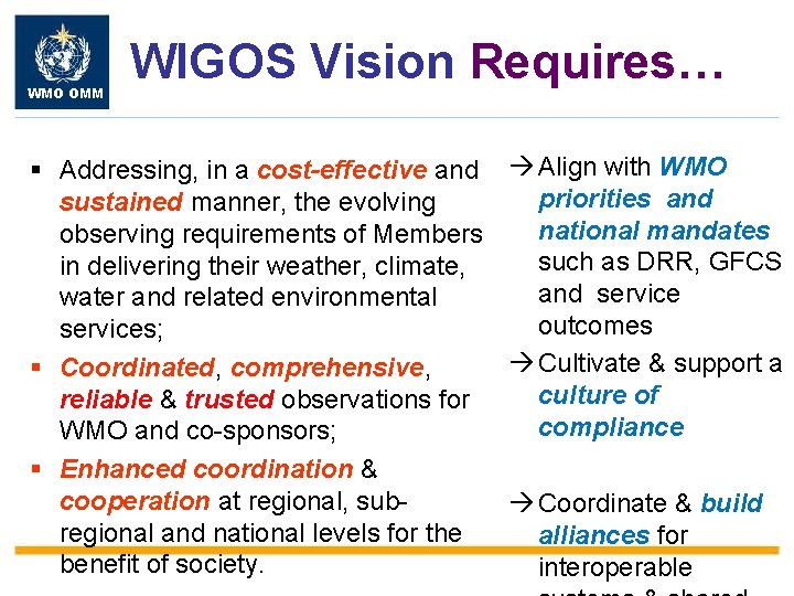 WMO OMM WIGOS Vision Requires… § Addressing, in a cost-effective and à Align with