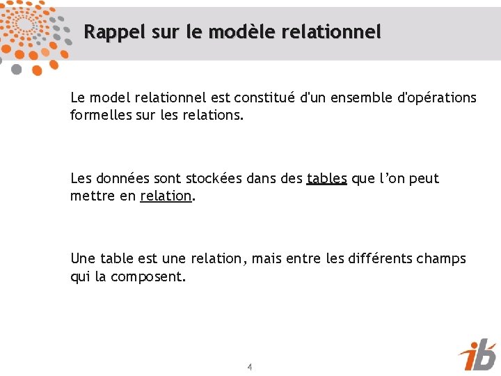 Rappel sur le modèle relationnel Le model relationnel est constitué d'un ensemble d'opérations formelles