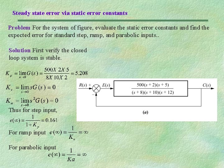 Steady state error via static error constants Problem For the system of figure, evaluate