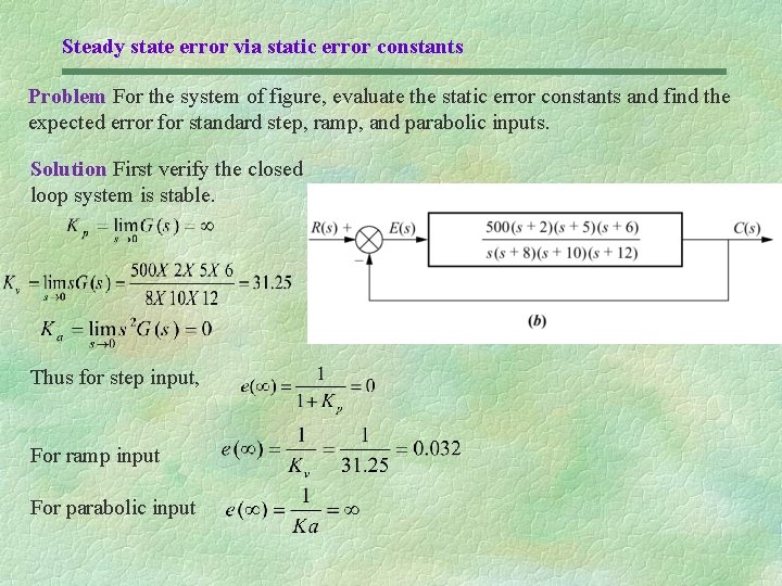 Steady state error via static error constants Problem For the system of figure, evaluate