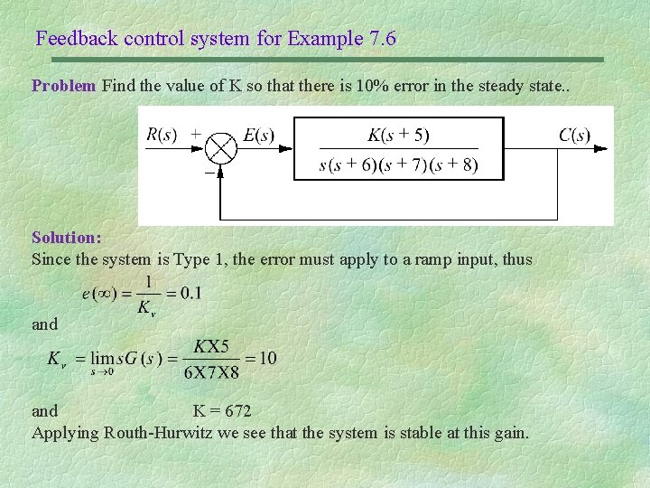 Feedback control system for Example 7. 6 Problem Find the value of K so