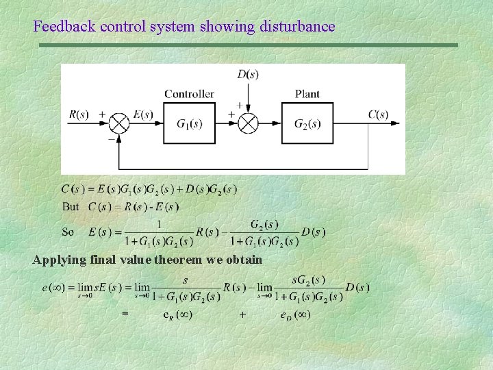 Feedback control system showing disturbance Applying final value theorem we obtain 