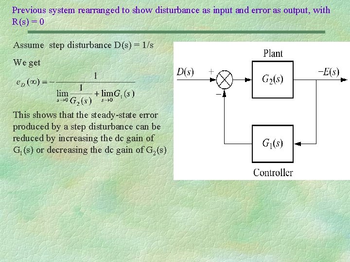 Previous system rearranged to show disturbance as input and error as output, with R(s)