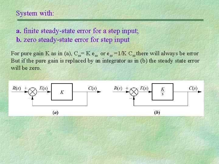 System with: a. finite steady-state error for a step input; b. zero steady-state error