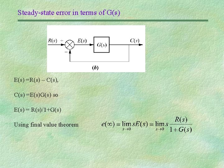 Steady-state error in terms of G(s) E(s) =R(s) – C(s), C(s) =E(s)G(s) so E(s)