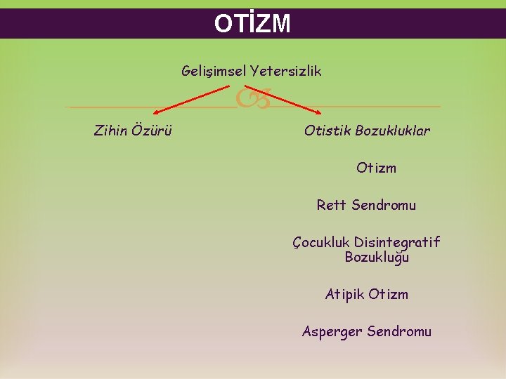 OTİZM Gelişimsel Yetersizlik Zihin Özürü Otistik Bozukluklar Otizm Rett Sendromu Çocukluk Disintegratif Bozukluğu Atipik OTİZM Gelişimsel Yetersizlik Zihin Özürü Otistik Bozukluklar Otizm Rett Sendromu Çocukluk Disintegratif Bozukluğu Atipik