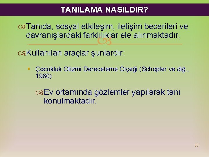 TANILAMA NASILDIR? Tanıda, sosyal etkileşim, iletişim becerileri ve davranışlardaki farklılıklar ele alınmaktadır. Kullanılan araçlar TANILAMA NASILDIR? Tanıda, sosyal etkileşim, iletişim becerileri ve davranışlardaki farklılıklar ele alınmaktadır. Kullanılan araçlar