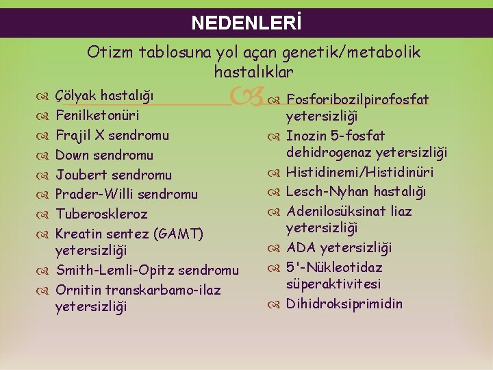 NEDENLERİ Otizm tablosuna yol açan genetik/metabolik hastalıklar Çölyak hastalığı Fenilketonüri Frajil X sendromu Down