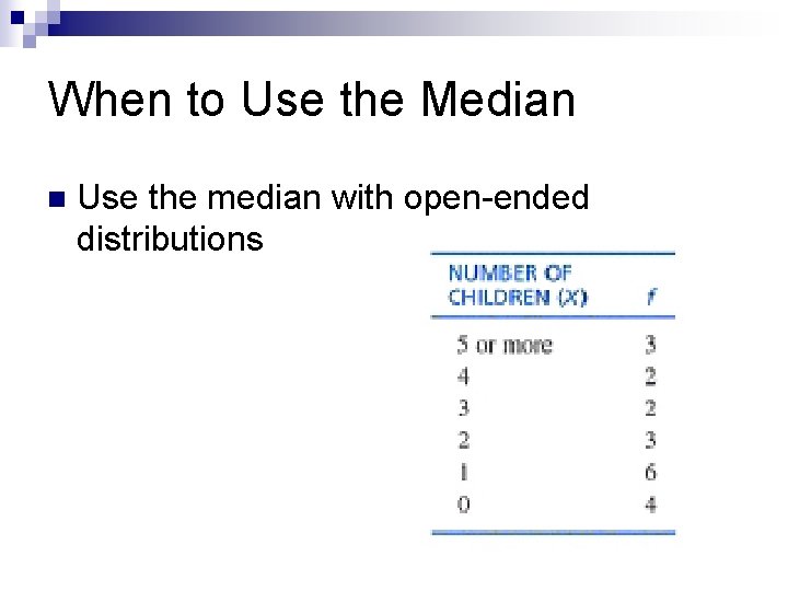 When to Use the Median n Use the median with open-ended distributions 