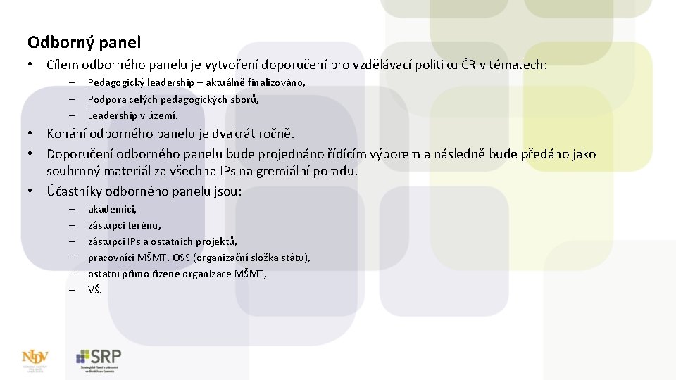 Odborný panel • Cílem odborného panelu je vytvoření doporučení pro vzdělávací politiku ČR v