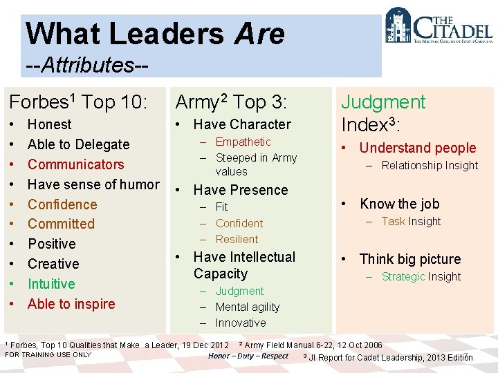 What Leaders Are --Attributes-Forbes 1 Top 10: Army 2 Top 3: • • •